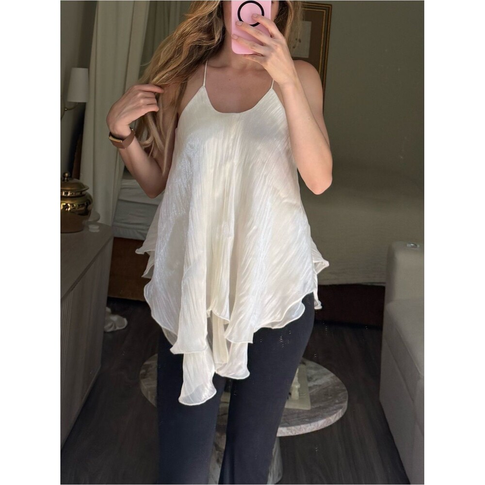Ñ Romantic White Pleated Chiffon Swing Tank Handkerchief Hem Blouse S